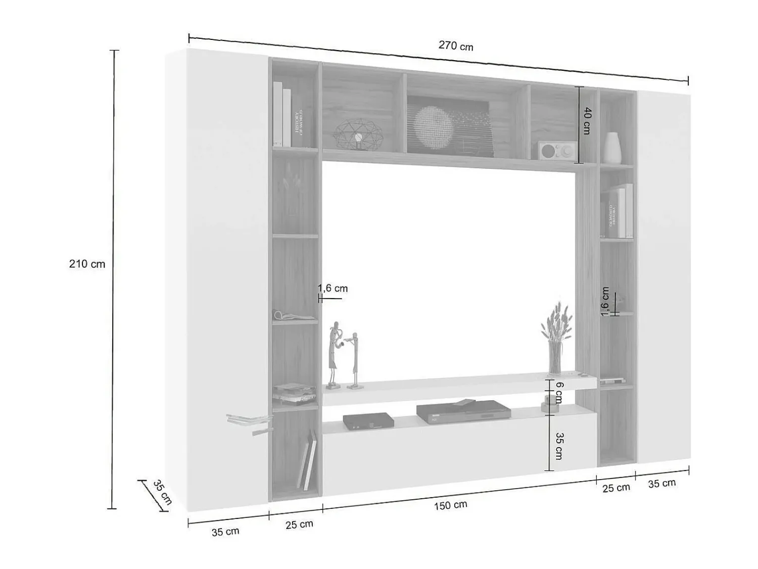 Móvel De Tv|Dmora Móvel de parede Ddragon, conjunto de sala de TV com 3 portas, móveis de sala multiuso, 100% fabricado na Itália, 270x35h210 cm, brilhante e carvalho Branco