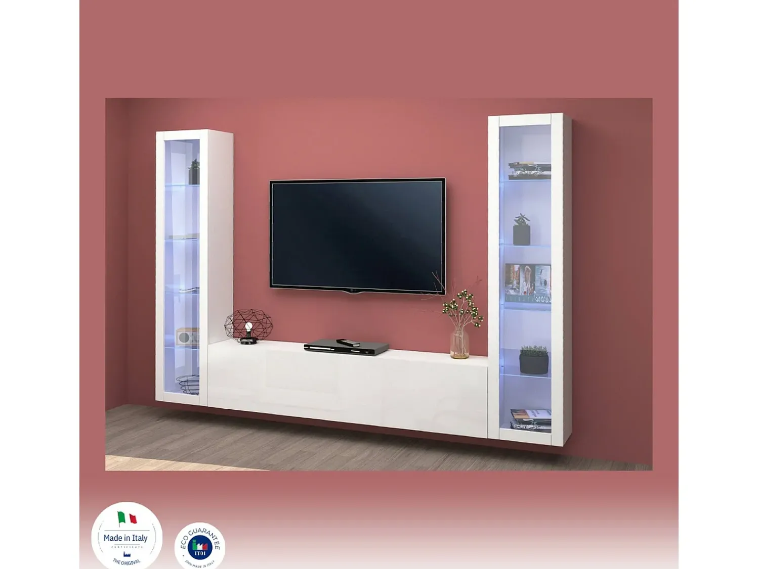 Móvel De Tv|Dmora Móvel de parede Dduc, conjunto de ala de TV com 3 porta, mobiliário de ala multiuo com vitrine e luz LED, 100% Fabricado na Itália, 260x30h180 cm, brilhante Branco