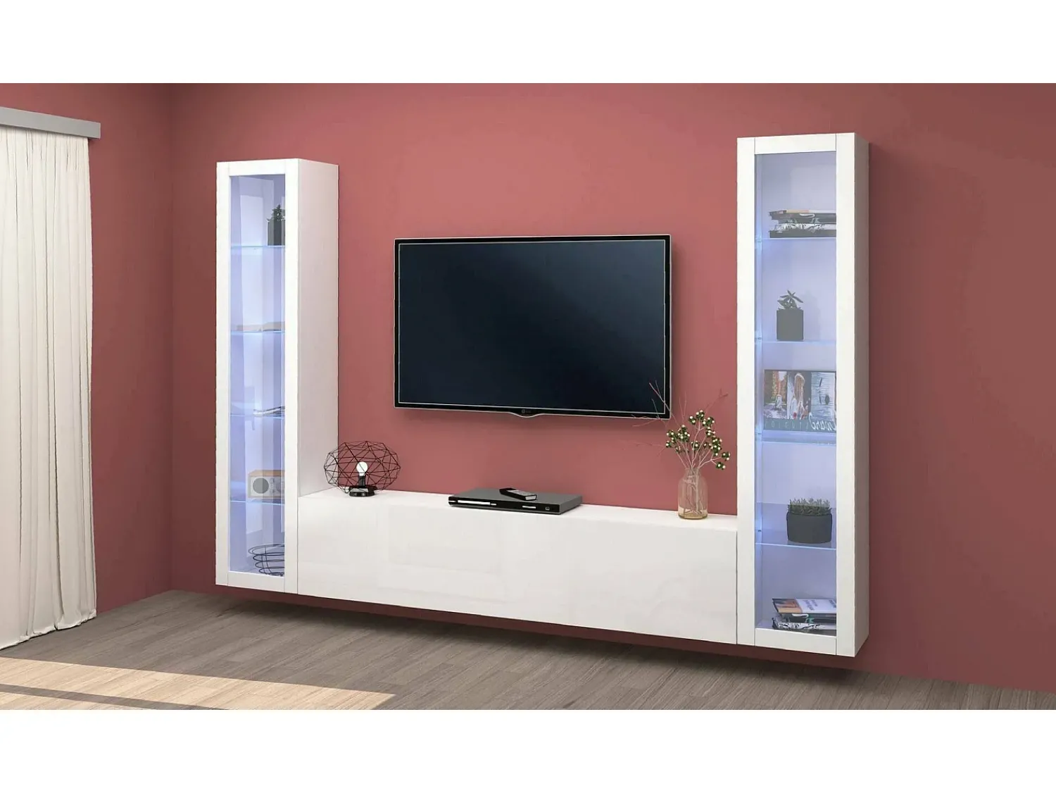 Móvel De Tv|Dmora Móvel de parede Dduc, conjunto de ala de TV com 3 porta, mobiliário de ala multiuo com vitrine e luz LED, 100% Fabricado na Itália, 260x30h180 cm, brilhante Branco