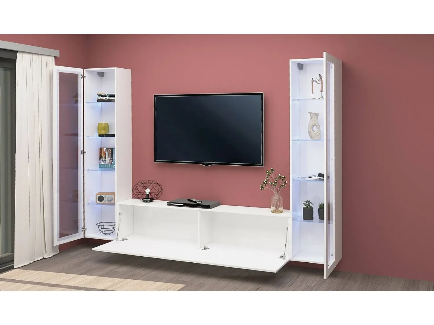 Móvel De Tv|Dmora Móvel de parede Dduc, conjunto de ala de TV com 3 porta, mobiliário de ala multiuo com vitrine e luz LED, 100% Fabricado na Itália, 260x30h180 cm, brilhante Branco