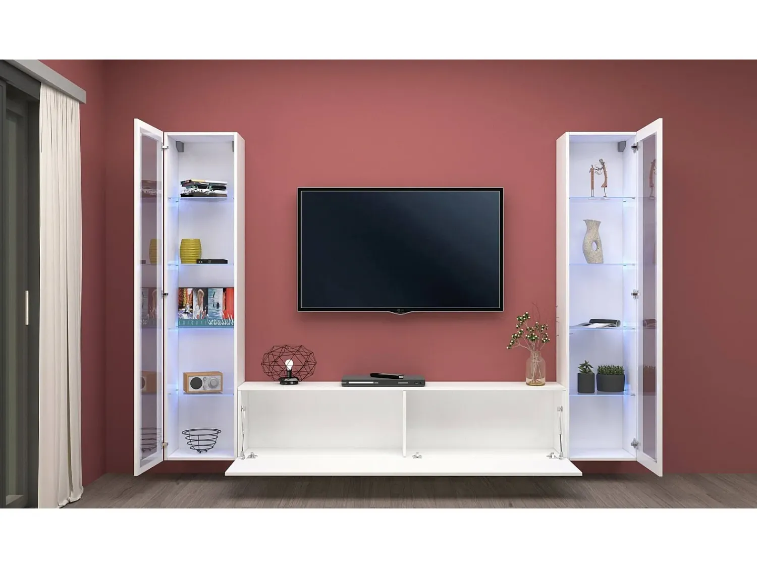 Móvel De Tv|Dmora Móvel de parede Dduc, conjunto de ala de TV com 3 porta, mobiliário de ala multiuo com vitrine e luz LED, 100% Fabricado na Itália, 260x30h180 cm, brilhante Branco
