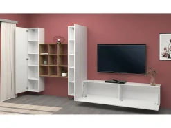 Móvel De Tv|Dmora Móvel de parede Denis, conjunto de sala de TV com 3 portas, móveis de sala multiuso, 100% fabricado na Itália, 270x30h180 cm, brilhante e bordo Branco