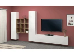 Móvel De Tv|Dmora Móvel de parede Denis, conjunto de sala de TV com 3 portas, móveis de sala multiuso, 100% fabricado na Itália, 270x30h180 cm, brilhante e bordo Branco