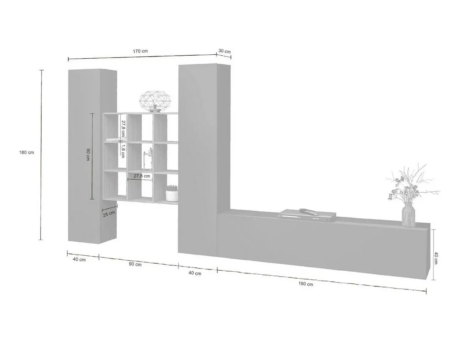 Dmora Móvel de parede Denis, conjunto de sala de TV com 3 portas, móveis de sala multiuso, 100% Fabricado na Itália, 270x30h180 cm, Antracite e Bordo^ Móvel De Tv