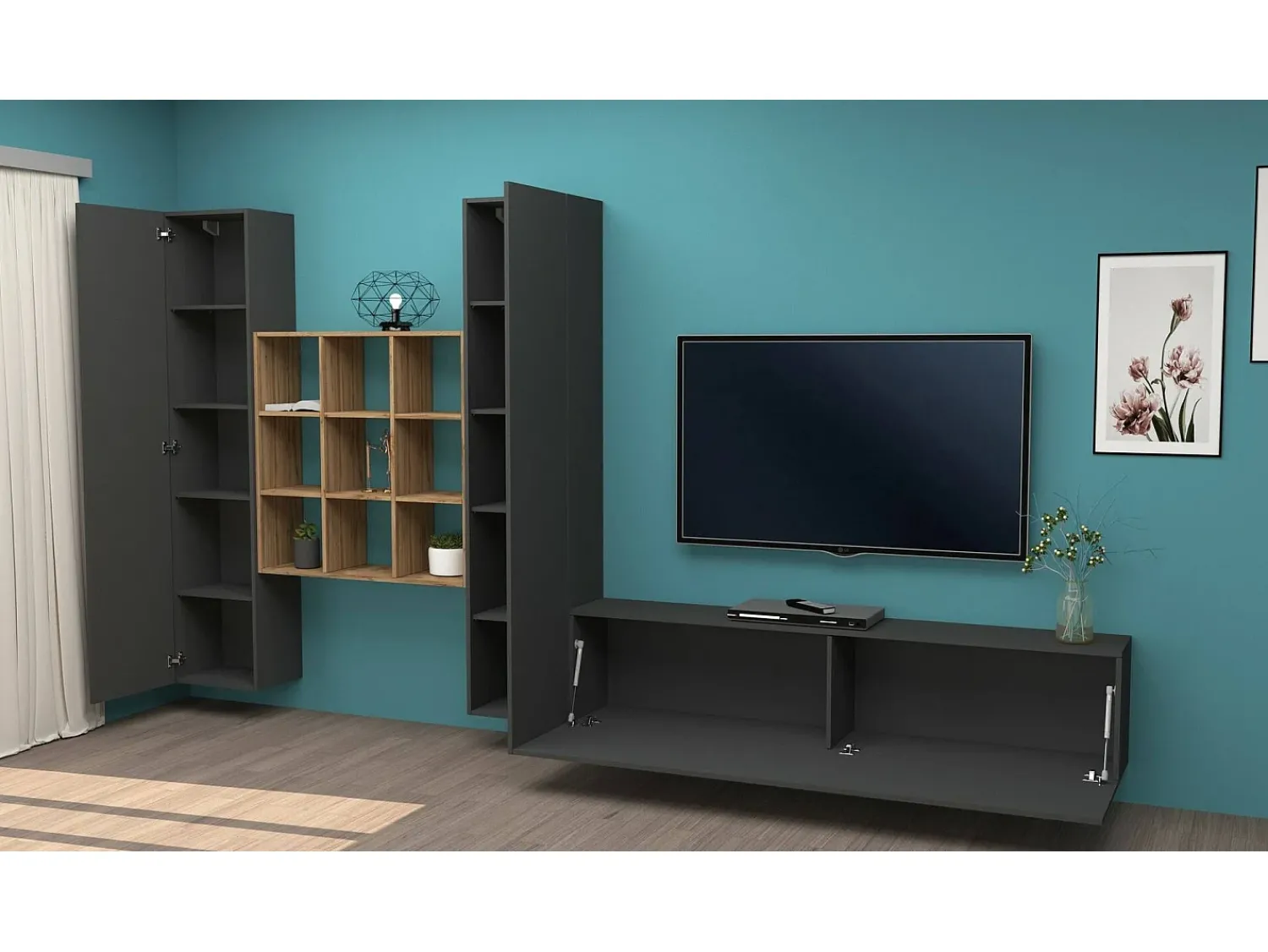 Dmora Móvel de parede Denis, conjunto de sala de TV com 3 portas, móveis de sala multiuso, 100% Fabricado na Itália, 270x30h180 cm, Antracite e Bordo^ Móvel De Tv