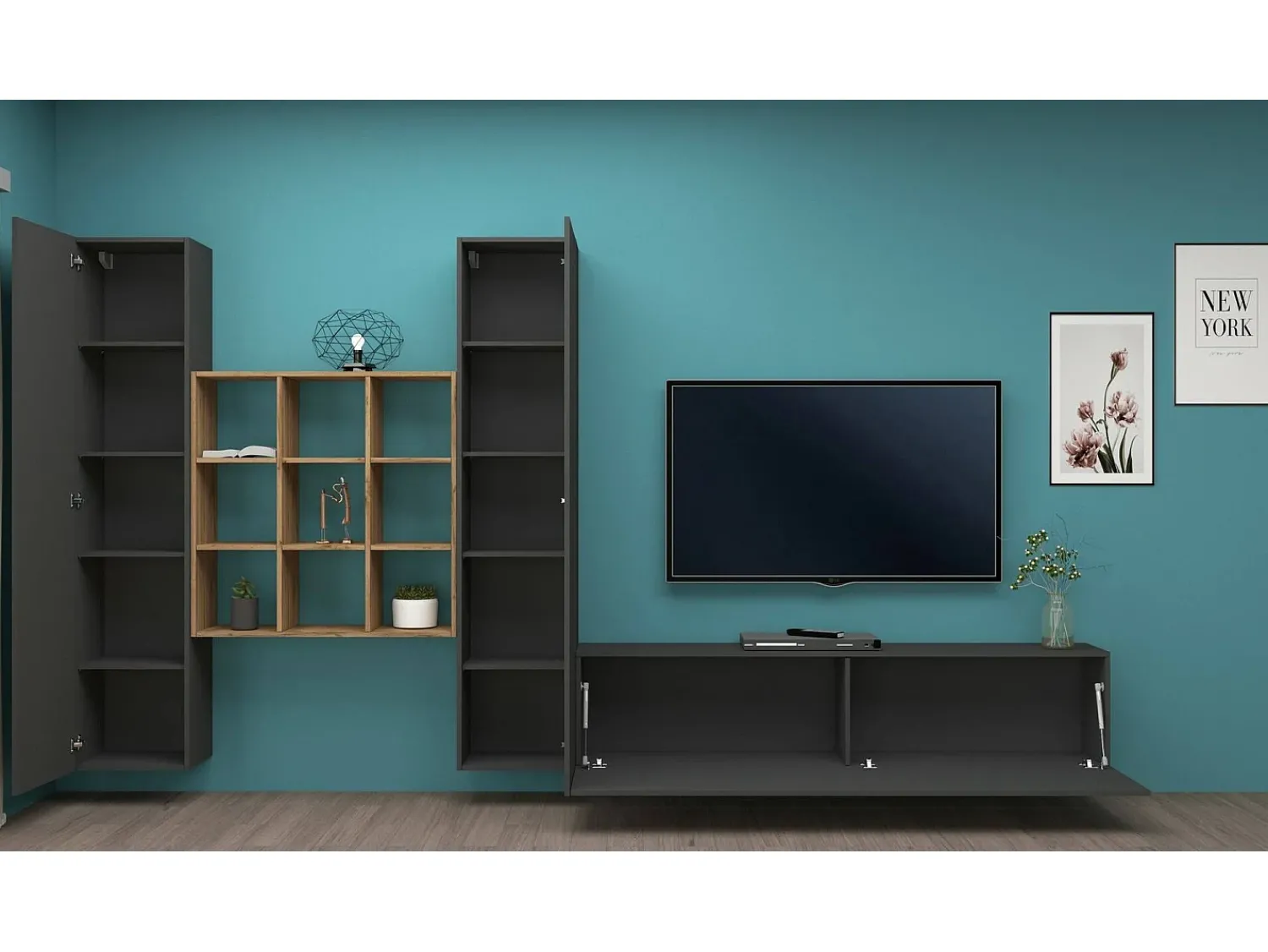 Dmora Móvel de parede Denis, conjunto de sala de TV com 3 portas, móveis de sala multiuso, 100% Fabricado na Itália, 270x30h180 cm, Antracite e Bordo^ Móvel De Tv