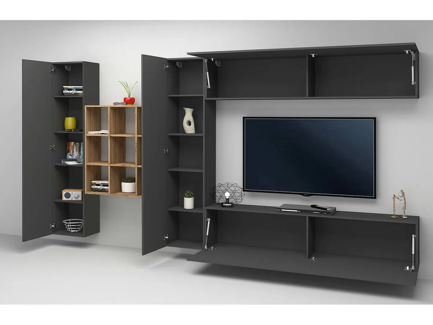 Móvel De Tv*Dmora Móvel de parede Dfallic, conjunto de sala de TV com 4 portas, móveis de sala multiuso, 100% Fabricado na Itália, 350x30h180 cm, Antracite Preto