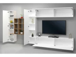 Móvel De Tv*Dmora Móvel de parede Dfallic, conjunto de sala de TV com 4 portas, móveis de sala multiuso, 100% Fabricado na Itália, 350x30h180 cm, brilhante Branco