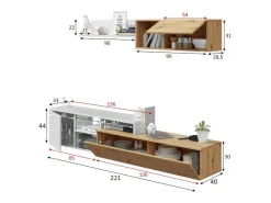 Dmora Móvel de parede Dianes, Móvel de sala de TV reversível, Composição de sala com móvel de parede e prateleira, 220x40h44 cm, Carvalho com efeito nó e Branco^ Móvel De Tv