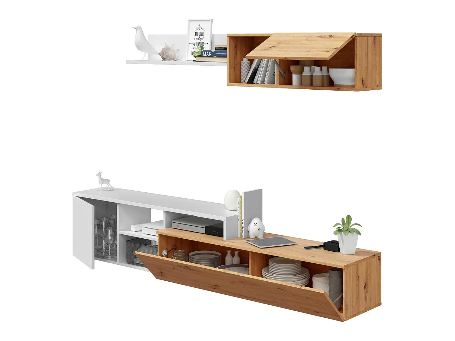 Dmora Móvel de parede Dianes, Móvel de sala de TV reversível, Composição de sala com móvel de parede e prateleira, 220x40h44 cm, Carvalho com efeito nó e Branco^ Móvel De Tv