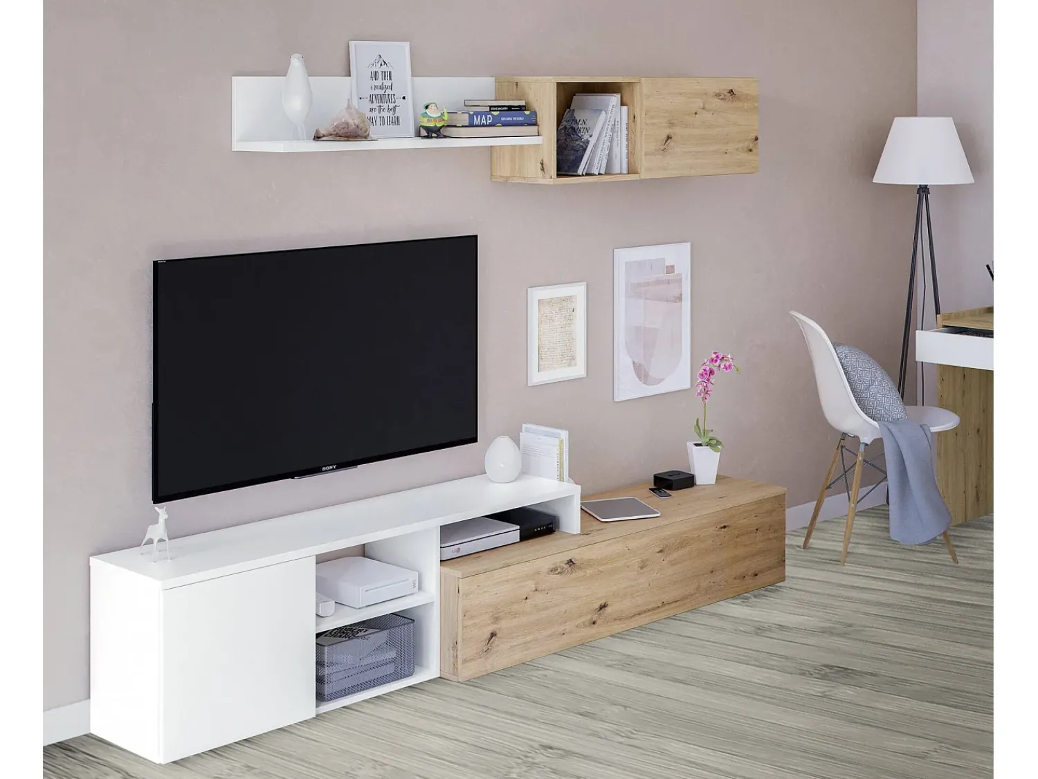 Dmora Móvel de parede Dianes, Móvel de sala de TV reversível, Composição de sala com móvel de parede e prateleira, 220x40h44 cm, Carvalho com efeito nó e Branco^ Móvel De Tv