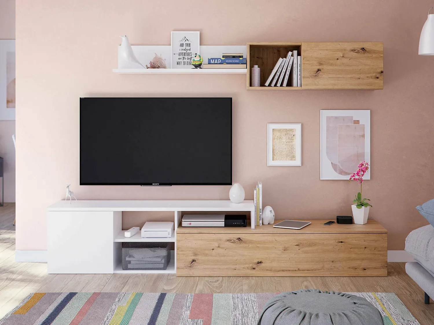 Dmora Móvel de parede Dianes, Móvel de sala de TV reversível, Composição de sala com móvel de parede e prateleira, 220x40h44 cm, Carvalho com efeito nó e Branco^ Móvel De Tv