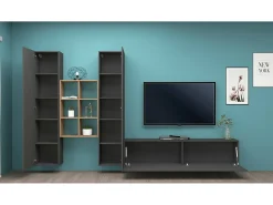 Clearance Dmora Móvel de parede Emiliano, conjunto de sala de TV com 3 portas, móveis de sala multiuso, 100% Fabricado na Itália, 320x30h180 cm, Antracite e Bordo Preto