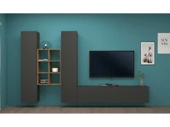 Clearance Dmora Móvel de parede Emiliano, conjunto de sala de TV com 3 portas, móveis de sala multiuso, 100% Fabricado na Itália, 320x30h180 cm, Antracite e Bordo Preto
