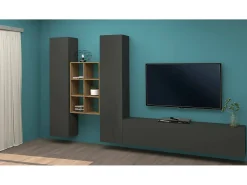 Clearance Dmora Móvel de parede Emiliano, conjunto de sala de TV com 3 portas, móveis de sala multiuso, 100% Fabricado na Itália, 320x30h180 cm, Antracite e Bordo Preto