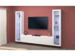 Móvel De Tv*Dmora Móvel de parede Gino, conjunto de sala de TV com 3 portas, móvel de sala multiuso com vitrine e luz LED, 100% Fabricado na Itália, 260x30h180 cm, brilhante Branco