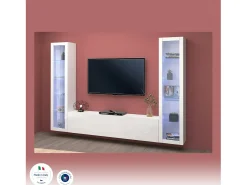 Móvel De Tv*Dmora Móvel de parede Gino, conjunto de sala de TV com 3 portas, móvel de sala multiuso com vitrine e luz LED, 100% Fabricado na Itália, 260x30h180 cm, brilhante Branco