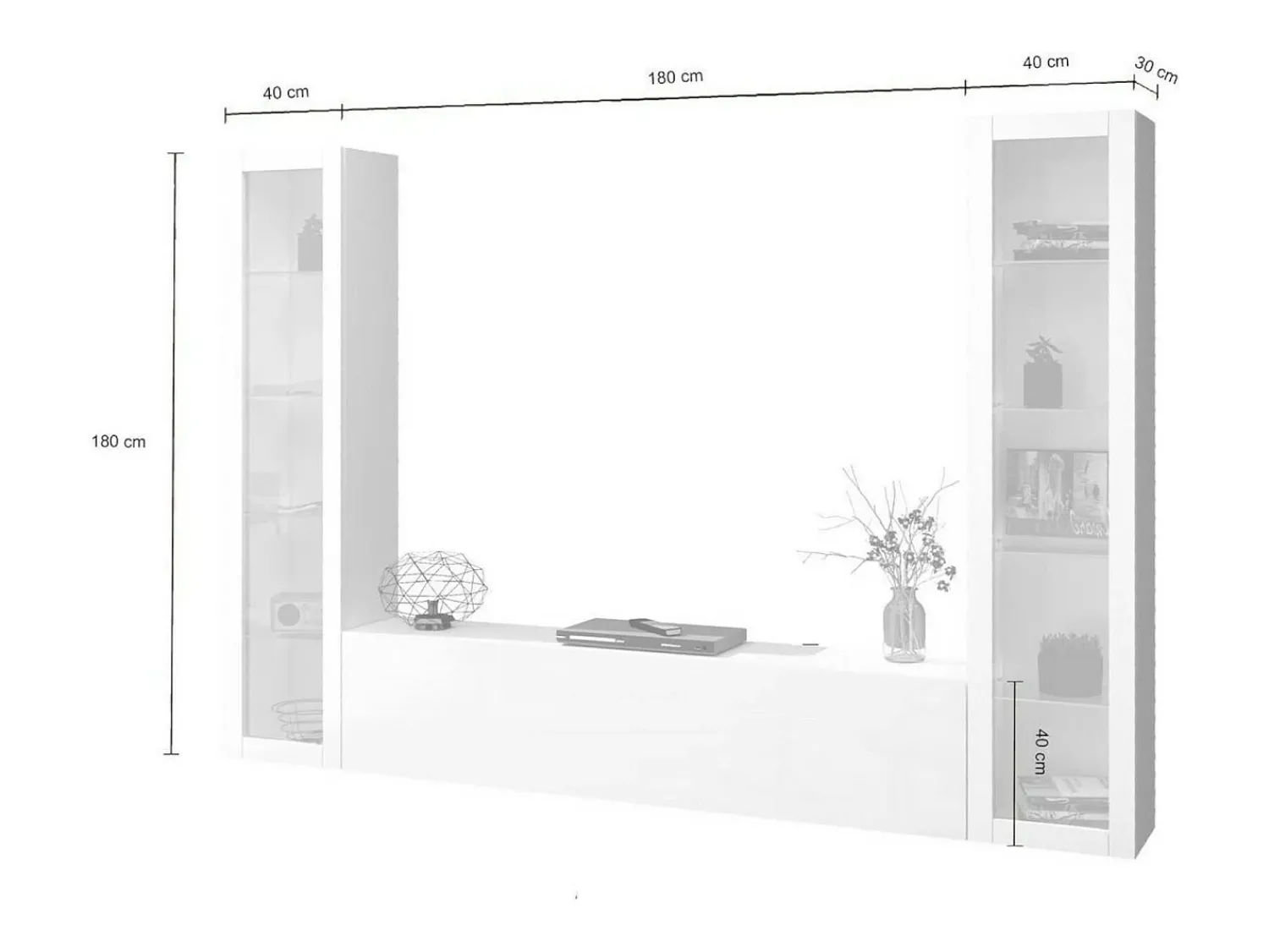 Móvel De Tv*Dmora Móvel de parede Gino, conjunto de sala de TV com 3 portas, móvel de sala multiuso com vitrine e luz LED, 100% Fabricado na Itália, 260x30h180 cm, brilhante Branco