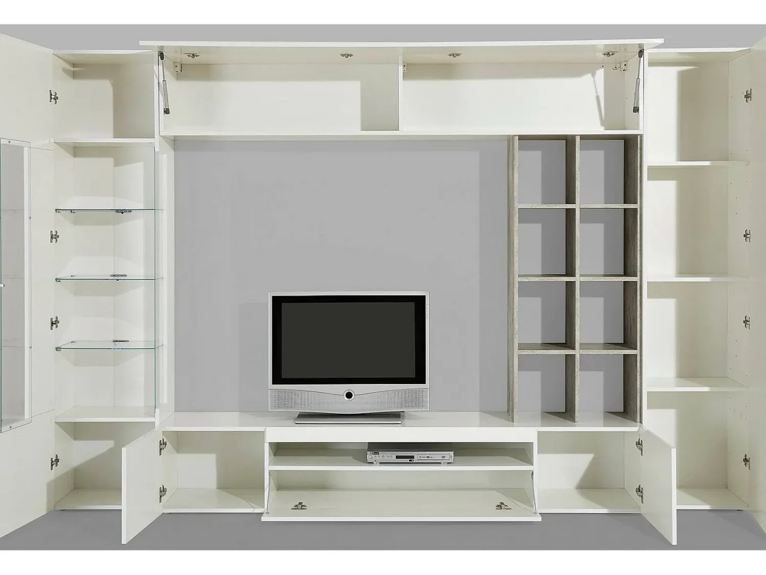 Dmora Móvel de parede Iago, móvel de sala de TV, móveis de sala multiuso, 100% fabricado na Itália, 290x40h192 cm, brilhante e concreto^ Móvel De Tv