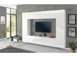 Móvel De Tv|Dmora Móvel de parede Luigi, conjunto de sala de TV com 4 portas, móveis de sala multiuso, 100% Fabricado na Itália, 260x30h180 cm, brilhante Branco