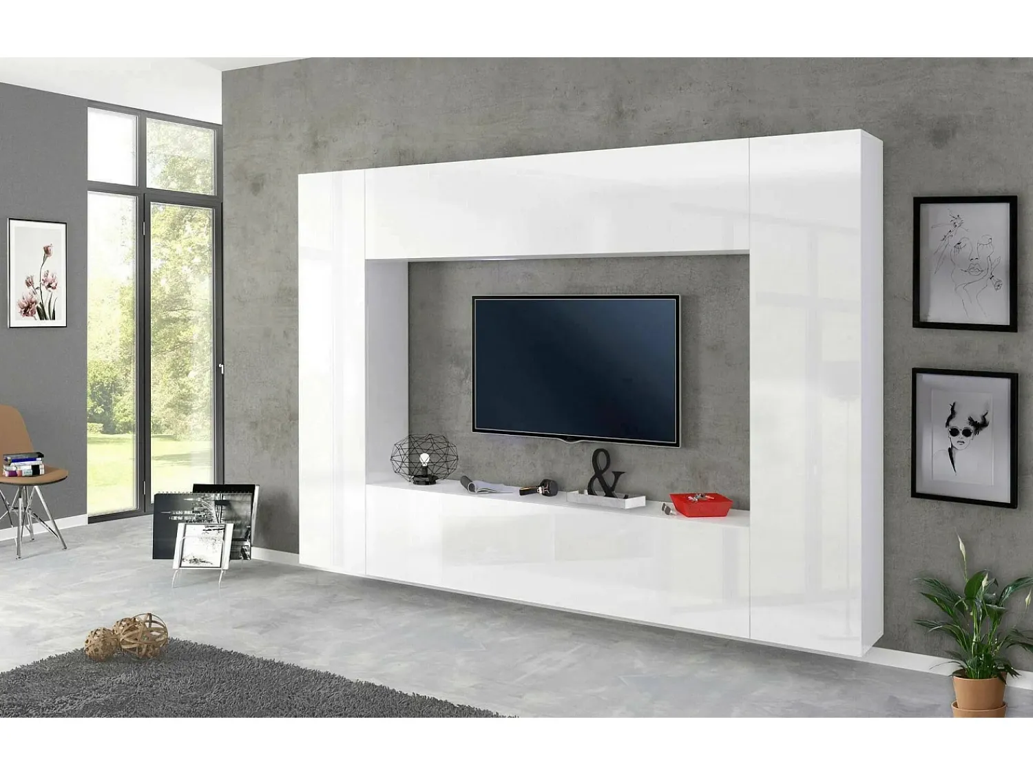 Móvel De Tv|Dmora Móvel de parede Luigi, conjunto de sala de TV com 4 portas, móveis de sala multiuso, 100% Fabricado na Itália, 260x30h180 cm, brilhante Branco