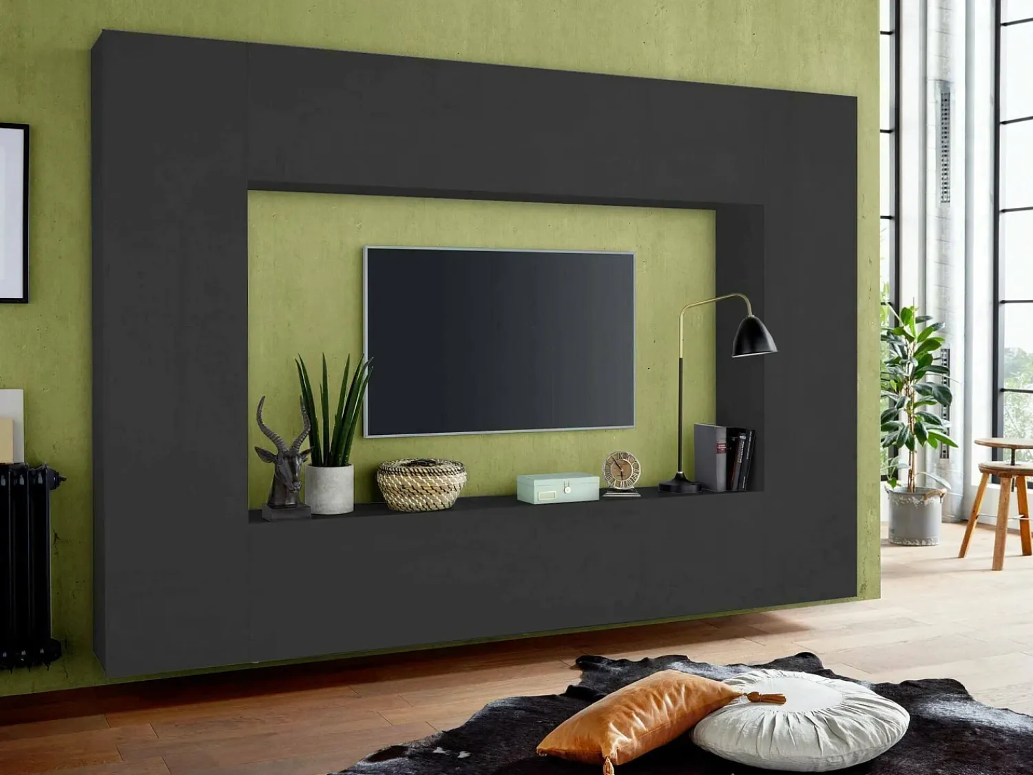Móvel De Tv|Dmora Móvel de parede Luigi, conjunto de sala de TV com 4 portas, mobiliário de sala multiuso, 100% Fabricado em Itália, 260x30h180 cm, Antracite Preto