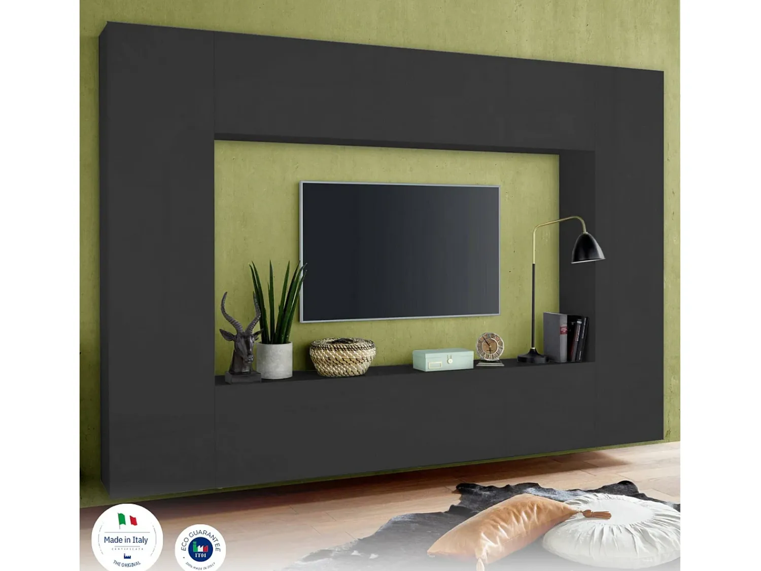 Móvel De Tv|Dmora Móvel de parede Luigi, conjunto de sala de TV com 4 portas, mobiliário de sala multiuso, 100% Fabricado em Itália, 260x30h180 cm, Antracite Preto