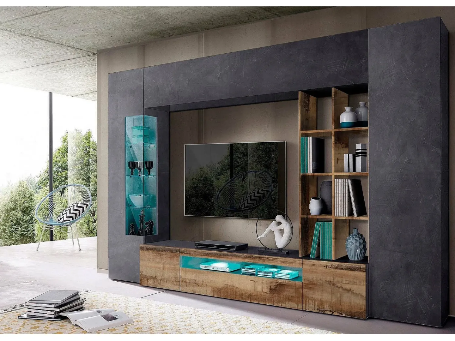 Dmora Móvel de parede oceano, móvel de sala de TV, mobiliário de sala multiuso com luz LED, 100% Fabricado em Itália, 290x40h192 cm, Ardósia e Bordo^ Móvel De Tv