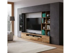 Dmora Móvel de parede oceano, móvel de sala de TV, mobiliário de sala multiuso com luz LED, 100% Fabricado em Itália, 290x40h192 cm, Ardósia e Bordo^ Móvel De Tv