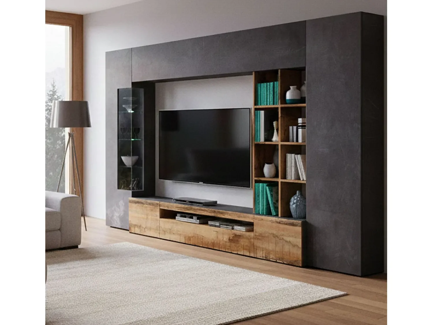 Dmora Móvel de parede oceano, móvel de sala de TV, mobiliário de sala multiuso com luz LED, 100% Fabricado em Itália, 290x40h192 cm, Ardósia e Bordo^ Móvel De Tv