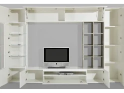 Dmora Móvel de parede oceano, móvel de sala de TV, mobiliário de sala multiuso com luz LED, 100% Fabricado em Itália, 290x40h192 cm, Ardósia e Bordo^ Móvel De Tv