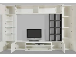 Móvel De Tv|Dmora Móvel de parede oceano, móvel de sala de TV, mobiliário de sala multiuso com luz LED, 100% Fabricado na Itália, 290x40h192 cm, brilhante e ardósia Branco