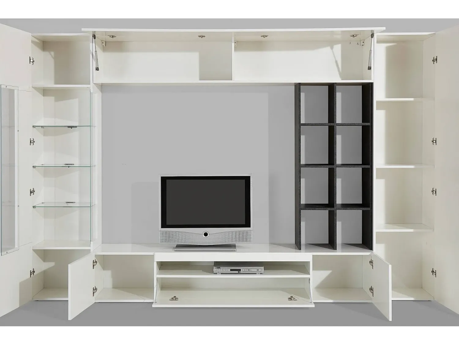 Móvel De Tv|Dmora Móvel de parede oceano, móvel de sala de TV, mobiliário de sala multiuso com luz LED, 100% Fabricado na Itália, 290x40h192 cm, brilhante e ardósia Branco