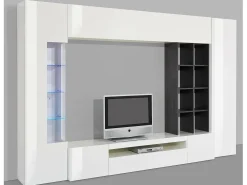 Móvel De Tv|Dmora Móvel de parede oceano, móvel de sala de TV, mobiliário de sala multiuso com luz LED, 100% Fabricado na Itália, 290x40h192 cm, brilhante e ardósia Branco