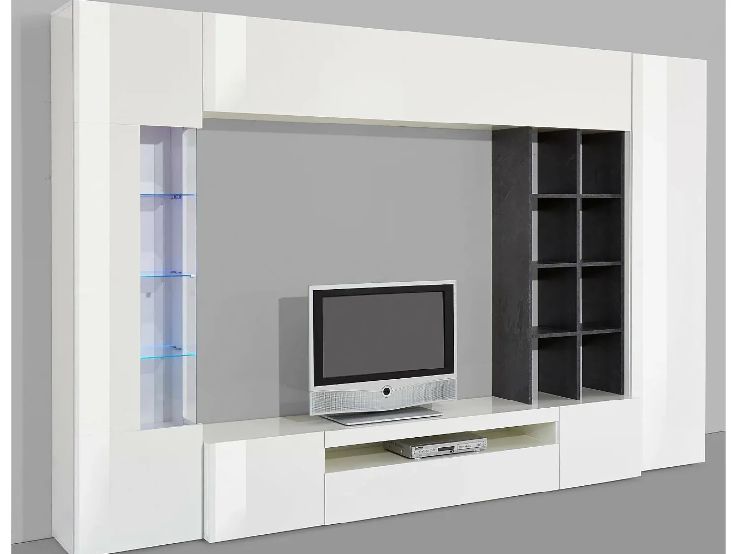 Móvel De Tv|Dmora Móvel de parede oceano, móvel de sala de TV, mobiliário de sala multiuso com luz LED, 100% Fabricado na Itália, 290x40h192 cm, brilhante e ardósia Branco