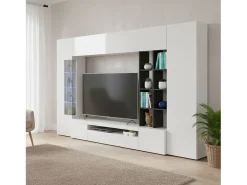 Móvel De Tv|Dmora Móvel de parede oceano, móvel de sala de TV, mobiliário de sala multiuso com luz LED, 100% Fabricado na Itália, 290x40h192 cm, brilhante e ardósia Branco