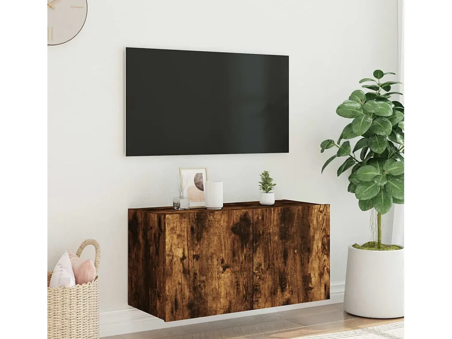 Móvel de parede p/ TV c/ luzes LED 80x35x41 cm carvalho fumado PT840094^ Móvel De Tv