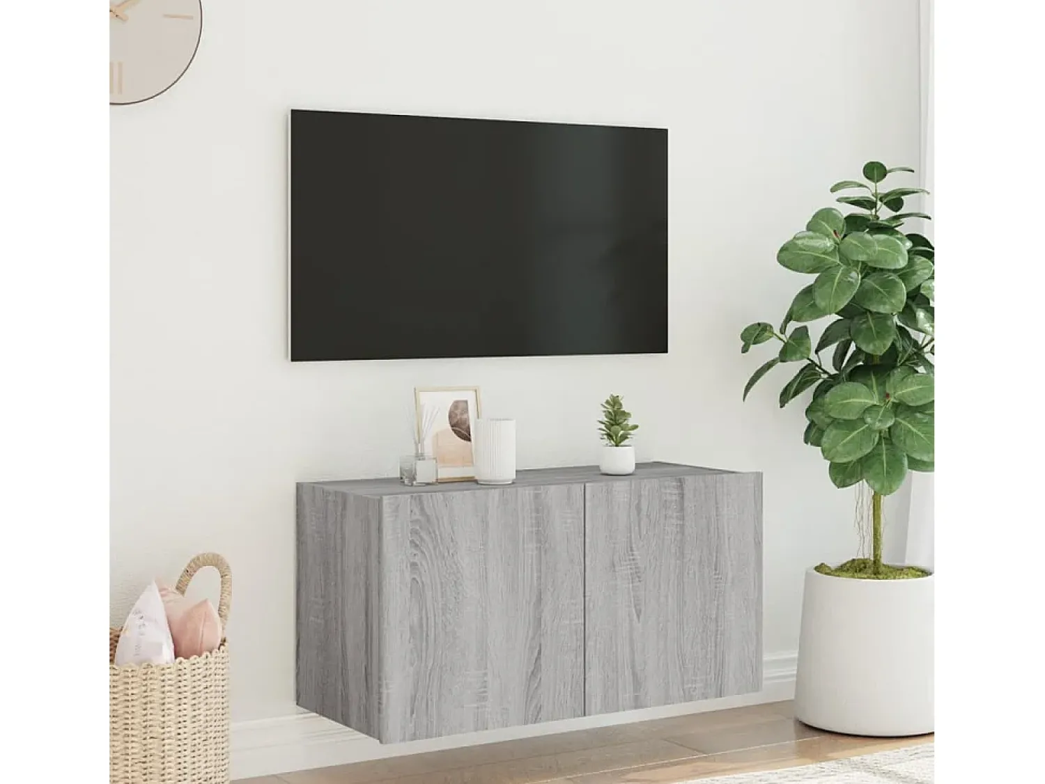Móvel De Tv| Móvel de parede p/ TV c/ luzes LED 80x35x41 cm sonoma PT537573 Cinzento