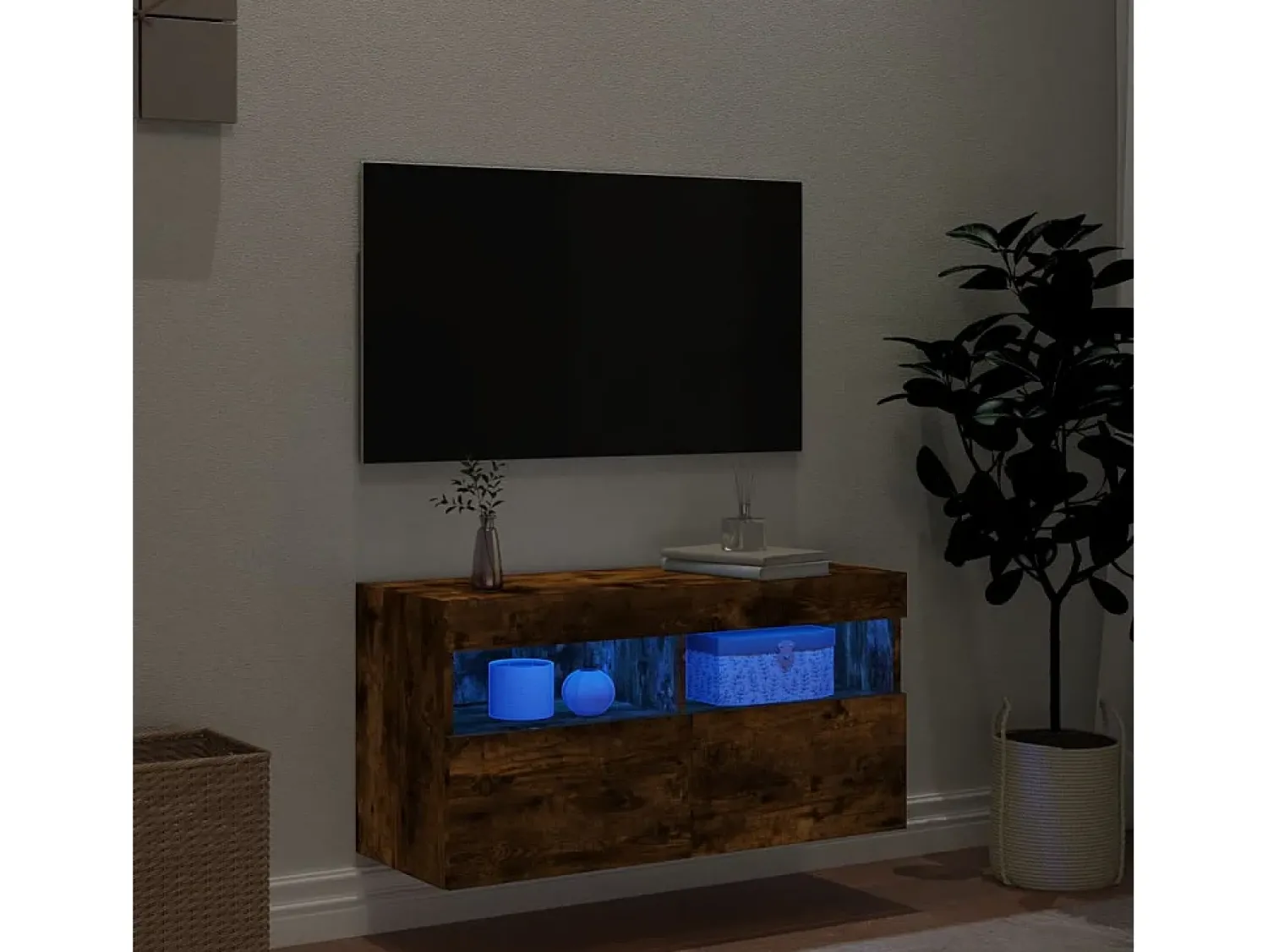 Móvel de parede p/ TV c/ luzes LED 80x30x40 cm carvalho fumado PT586528^ Móvel De Tv