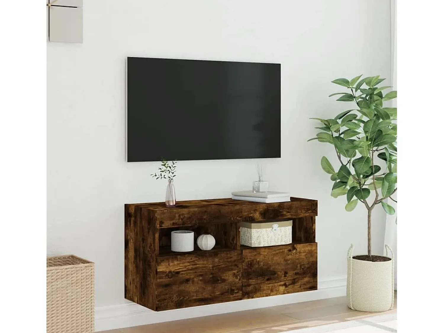 Móvel de parede p/ TV c/ luzes LED 80x30x40 cm carvalho fumado PT586528^ Móvel De Tv