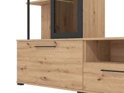 Móvel De Tv|Vente-unique Móvel de parede para TV - 3 portas, 1 porta de vidro, 2 nichos e 7 prateleiras - Cor: Carvalho e preto - DUBLIN Natural claro