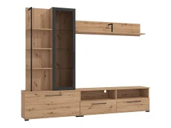 Móvel De Tv|Vente-unique Móvel de parede para TV - 3 portas, 1 porta de vidro, 2 nichos e 7 prateleiras - Cor: Carvalho e preto - DUBLIN Natural claro