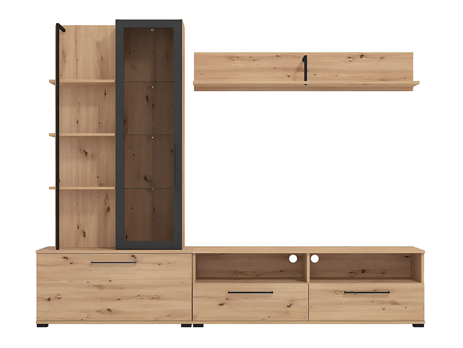 Móvel De Tv|Vente-unique Móvel de parede para TV - 3 portas, 1 porta de vidro, 2 nichos e 7 prateleiras - Cor: Carvalho e preto - DUBLIN Natural claro