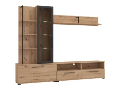 Móvel De Tv|Vente-unique Móvel de parede para TV - 3 portas, 1 porta de vidro, 2 nichos e 7 prateleiras - Cor: Carvalho e preto - DUBLIN Natural claro
