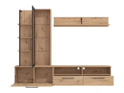 Móvel De Tv|Vente-unique Móvel de parede para TV - 3 portas, 1 porta de vidro, 2 nichos e 7 prateleiras - Cor: Carvalho e preto - DUBLIN Natural claro