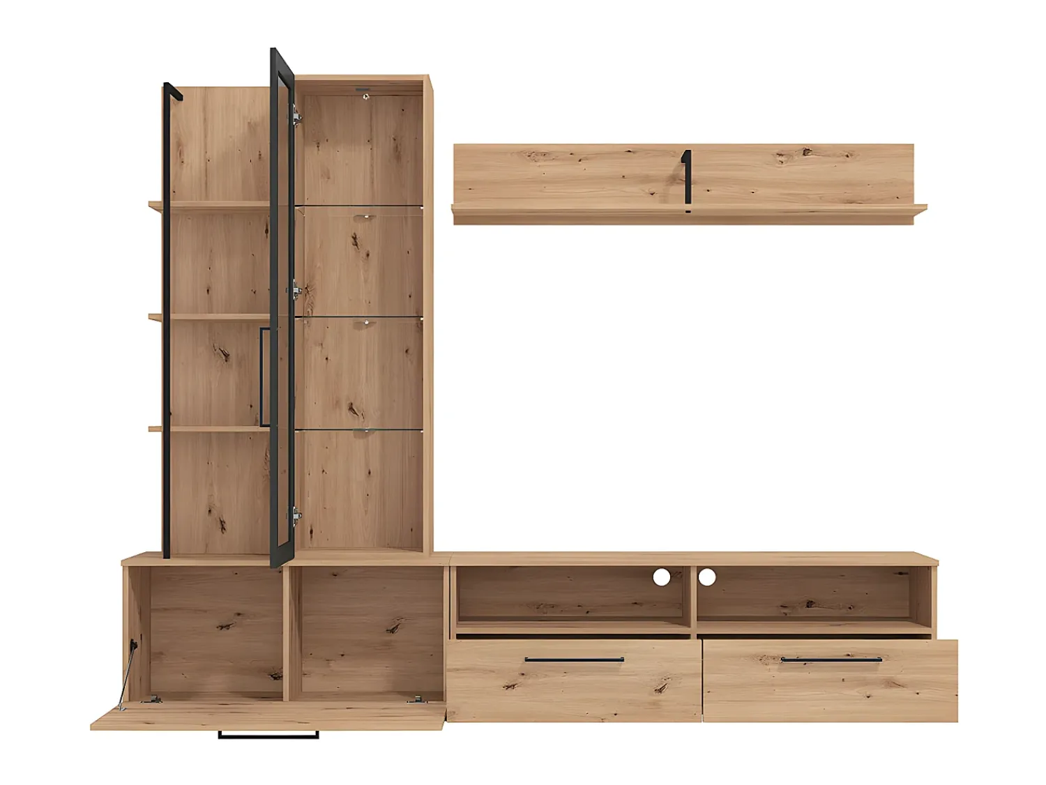 Móvel De Tv|Vente-unique Móvel de parede para TV - 3 portas, 1 porta de vidro, 2 nichos e 7 prateleiras - Cor: Carvalho e preto - DUBLIN Natural claro