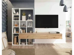 Móvel De Tv|Dmora Móvel de parede Wausau, Conjunto de sala com 3 gavetas, Estante multiuso para sala, 226x28h173 cm, e Carvalho Nó Branco