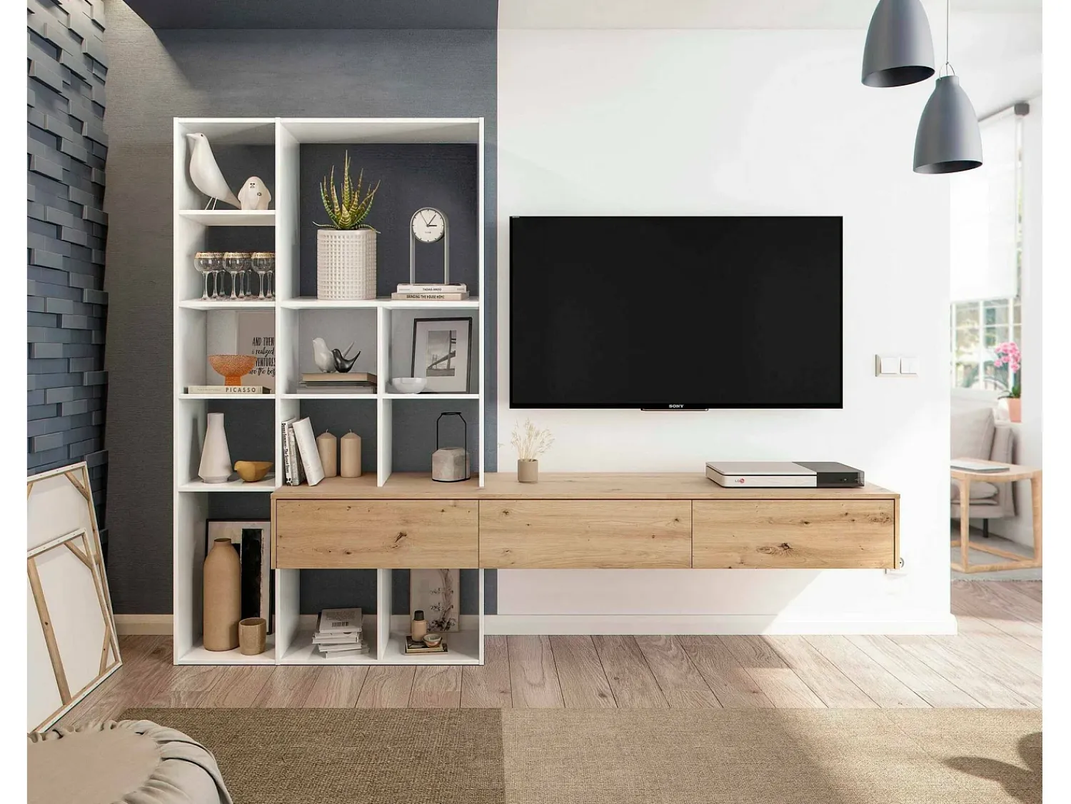 Móvel De Tv|Dmora Móvel de parede Wausau, Conjunto de sala com 3 gavetas, Estante multiuso para sala, 226x28h173 cm, e Carvalho Nó Branco