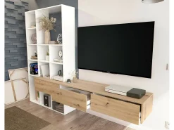 Móvel De Tv|Dmora Móvel de parede Wausau, Conjunto de sala com 3 gavetas, Estante multiuso para sala, 226x28h173 cm, e Carvalho Nó Branco