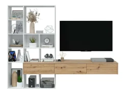 Móvel De Tv|Dmora Móvel de parede Wausau, Conjunto de sala com 3 gavetas, Estante multiuso para sala, 226x28h173 cm, e Carvalho Nó Branco